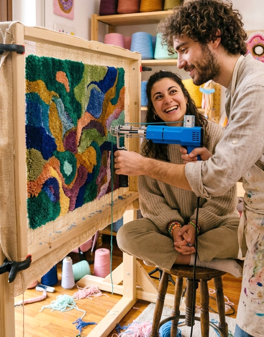 persone felici mentre realizzano un tappeto con il tufting